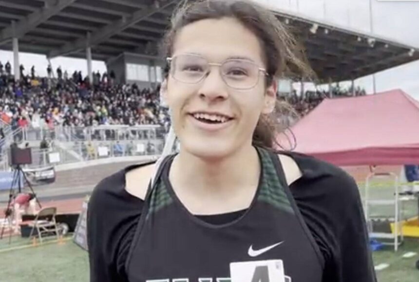 <p>Veronica Garcia gives an interview after winning the 2A girls 400-meter final at the 2024 Washington State Championships at Mt. Tahoma High School in Tacoma. (Screenshot from Runnerspace.com video)</p>