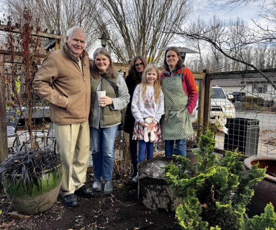 <p>The family of Maggi Whitaker stands for a photo with Down to Earth’s new bird bath. From left: Bill Whitaker Alice Friedel, Ann Marie Whitaker, Violet Friedel and Jenny Whitaker. (Grace Gorenflo/Valley Record)</p>