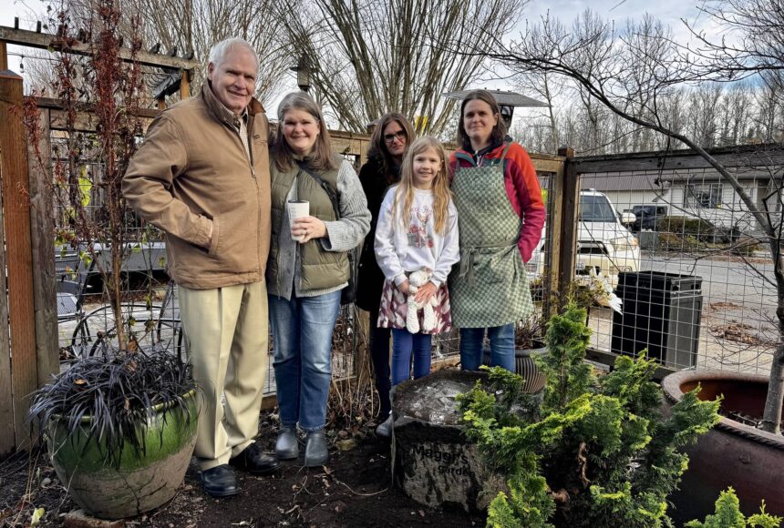 <p>The family of Maggi Whitaker stands for a photo with Down to Earth’s new bird bath. From left: Bill Whitaker Alice Friedel, Ann Marie Whitaker, Violet Friedel and Jenny Whitaker. (Grace Gorenflo/Valley Record)</p>