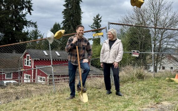 Adventure Church pastor Jeff Hansen (left) breaks ground on the construction of a new church facility with architect Evelyn Hommas, March 9, 2025. Grace Gorenflo/Valley Record